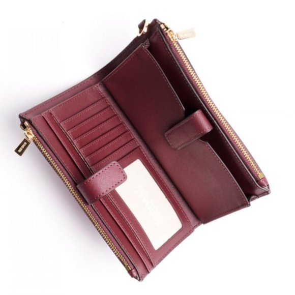 Michael Kors Jet Set Travel Large Double Zip Wristlet Wallet Dark Cherry Leather - Picture 2 of 16